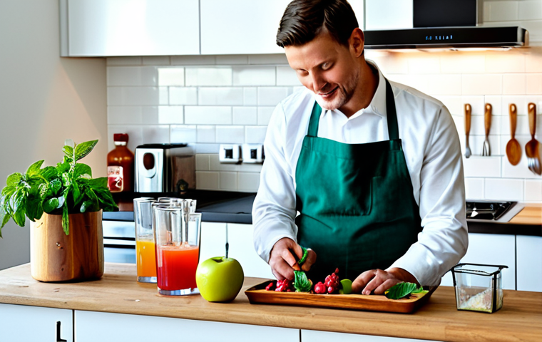 Sustainable Cocktail Preparation**
"A well-lit kitchen scene. A person, fully clothed in appropriate attire, prepares a colorful cocktail using fresh, local ingredients (Dutch berries, mint, and apple slices are visible). The scene includes reusable glass bottles, wooden utensils, and a small compost bin on the counter. Safe for work, appropriate content, professional setup, perfect anatomy, natural proportions, family-friendly, showcasing eco-conscious drink-making."
**