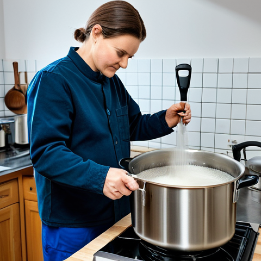 The Brewing Process**

A clean and well-organized home brewing setup. A stainless steel brew kettle sits on a stovetop with steam rising. A person wearing appropriate kitchen attire (fully clothed, long sleeves) carefully stirs the mash with a long spoon. In the background, a sanitized fermentation bucket with an airlock is visible. Focus on cleanliness and precision. safe for work, professional, appropriate content, perfect anatomy, natural proportions, well-lit, high-quality photo.

**