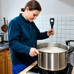 The Brewing Process**

A clean and well-organized home brewing setup. A stainless steel brew kettle sits on a stovetop with steam rising. A person wearing appropriate kitchen attire (fully clothed, long sleeves) carefully stirs the mash with a long spoon. In the background, a sanitized fermentation bucket with an airlock is visible. Focus on cleanliness and precision. safe for work, professional, appropriate content, perfect anatomy, natural proportions, well-lit, high-quality photo.

**