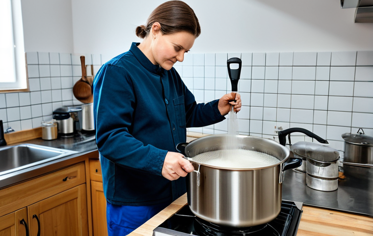 The Brewing Process**
A clean and well-organized home brewing setup. A stainless steel brew kettle sits on a stovetop with steam rising. A person wearing appropriate kitchen attire (fully clothed, long sleeves) carefully stirs the mash with a long spoon. In the background, a sanitized fermentation bucket with an airlock is visible. Focus on cleanliness and precision. safe for work, professional, appropriate content, perfect anatomy, natural proportions, well-lit, high-quality photo.
**